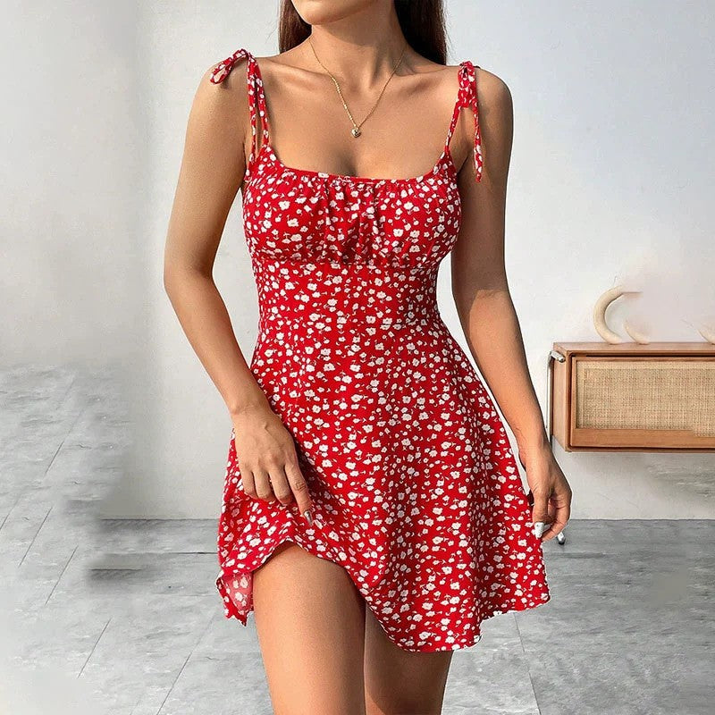 Vestido Praiano Com Alça Espaguete Floral de Verão