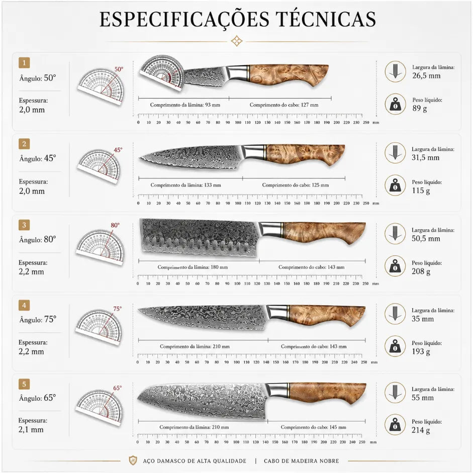 Faca Profissional Hezhen Aço Damasco - 5 Peças