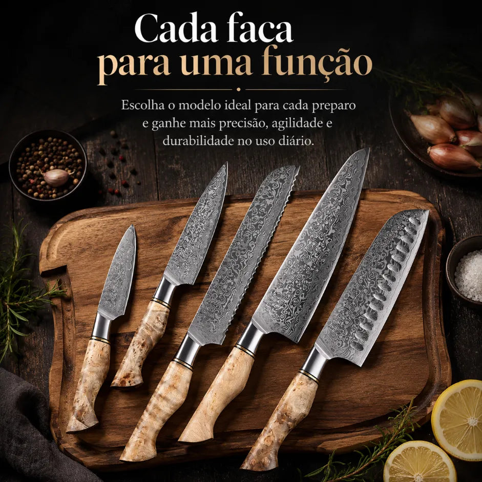Faca Profissional Hezhen Aço Damasco - 5 Peças