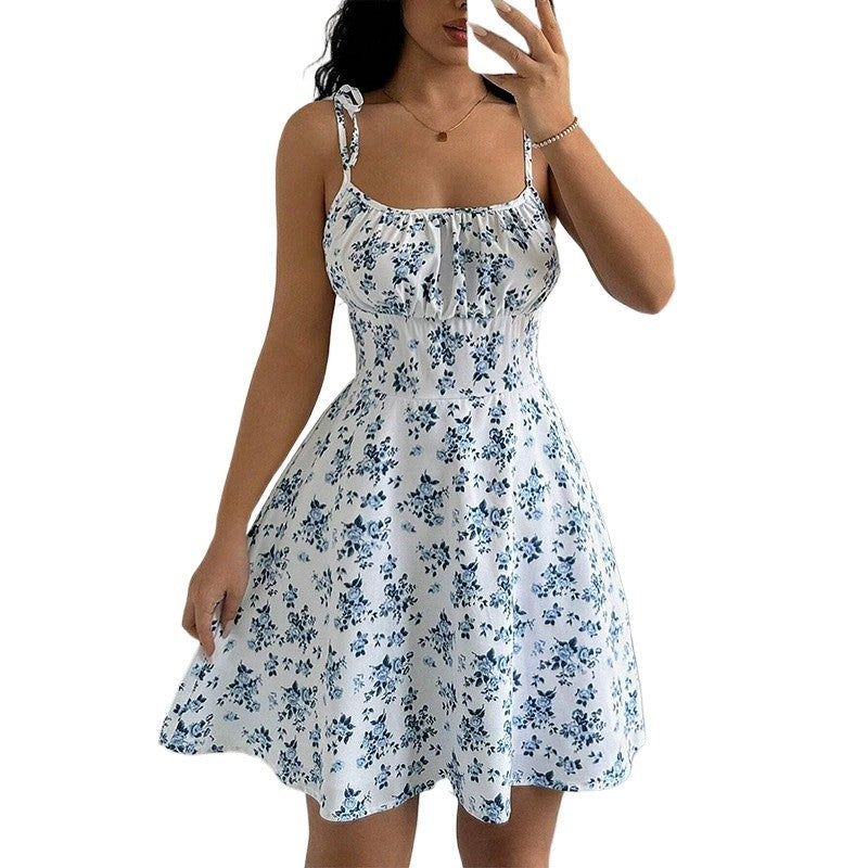 Vestido Praiano Com Alça Espaguete Floral de Verão