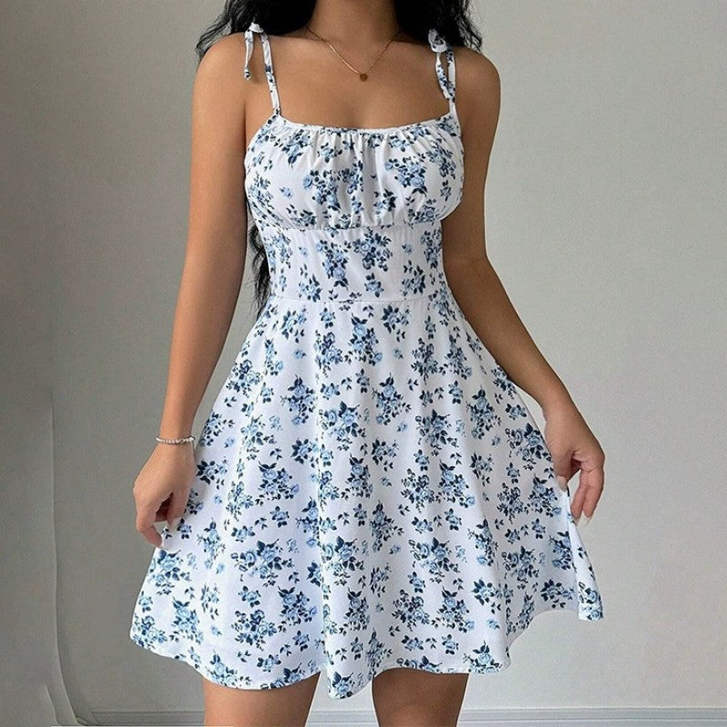 Vestido Praiano Com Alça Espaguete Floral de Verão