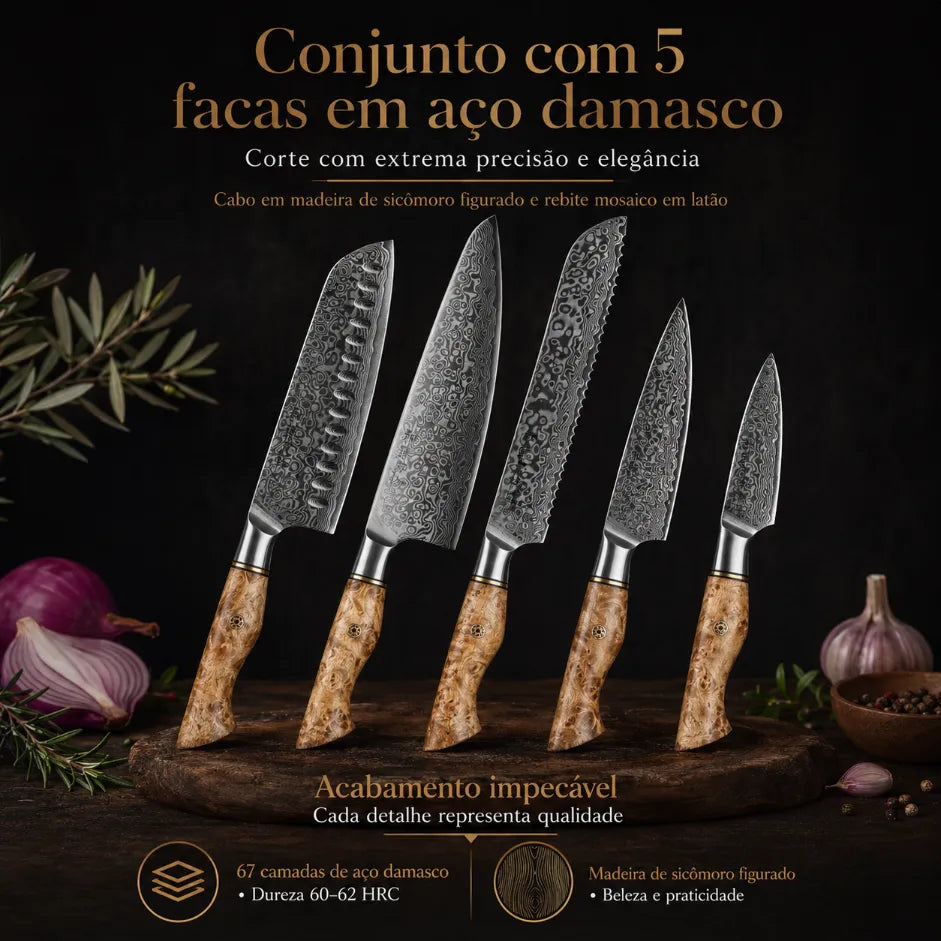 Faca Profissional Hezhen Aço Damasco - 5 Peças