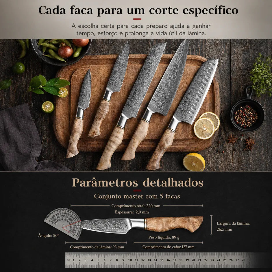 Faca Profissional Hezhen Aço Damasco - 5 Peças