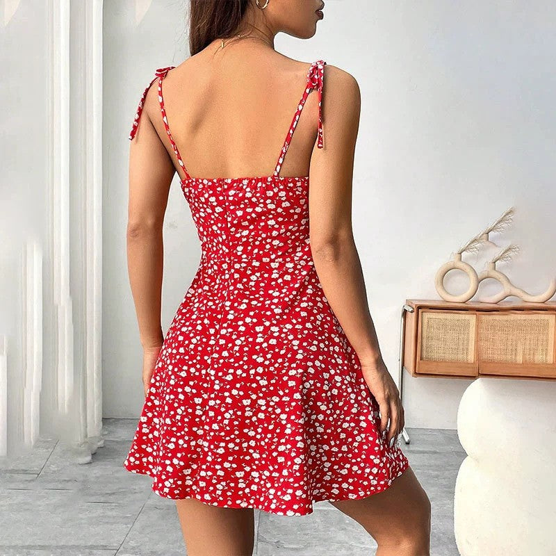Vestido Praiano Com Alça Espaguete Floral de Verão